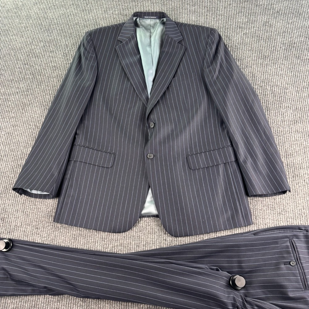 Lands End Suit Men 44R 38x31.5 Navy Chalk Stripe Wool 2 Piece Pleated Business